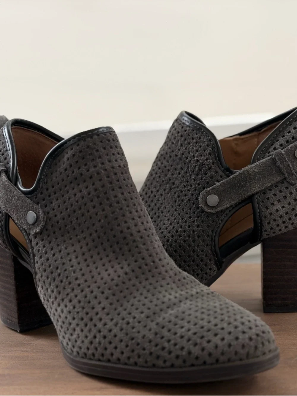 Franco Sarto Gray Perforated Suede Cutout Block Heel Booties - Picture 2 of 4